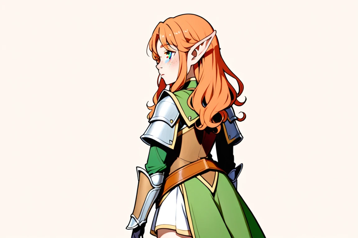 （The same character，front，side，back），Simple background，（whole body）girl，Orange hair，Long curly hair，Green eyes，Look ahead，Wearing armor，Freckles on the face，Elf ears，Short skirt，whole body像，Equal proportions，The same clothes