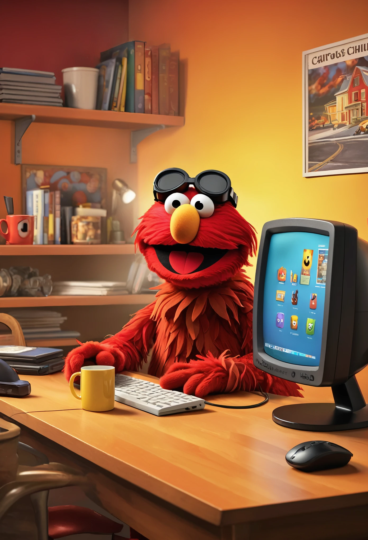 (masterpiece, Highest quality, 2D illustration, 2D, Best of Art Station),(1 Elmo The Muppets, The Muppets, Elmo, Red fur:1.1), sitting behind a desk, Elmo as a programmer, Soft and round yellow, A computer screen with many errors, Mac Pro Computer, (Everything is on fire, Coffee cup on fire,The room is on fire, Background confusion, Thick smoke gathering on the ceiling,Huge Flame:1.2), Elmo is holding his flaming coffee cup with two hands, (Hairy arms:1.3)