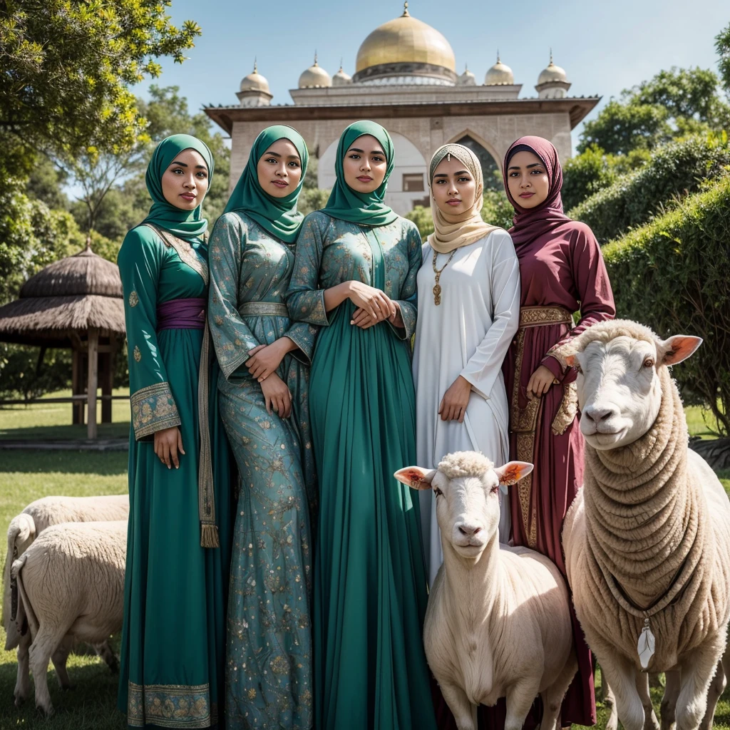 A cinematic photograph close up body shot capturing five Indonesian Muslim models, comprising two women and three men. They are dressed in elegant, textured traditional Muslim attire with natural motifs. The scene takes place during the serene and joyous celebration of Eid al-Adha, radiating a sense of peace and tranquility. The background features a beautiful mosque, surrounded by lush, animals cow, sheep, green natural scenery. The sky above is a mesmerizing blend of galaxy cosmic nebula, creating a masterpiece of visual harmony, vibrant color and splendor.