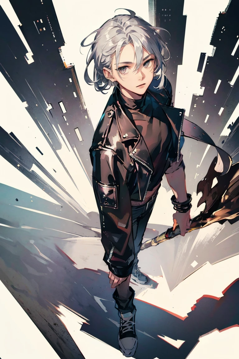 ((1 guy)), (silver hair), (beautiful almond-shaped gray eyes), cool, nine head proportions, standing, fitted white crew-neck t-shirt, (black leather biker jacket), blue skinny jeans, black high-top sneakers, a black beanie, silver aviator sunglasses, a leather bracelet, a black leather belt, an urban street background, looking at viewer, looking ahead, from above,  monochrome background,