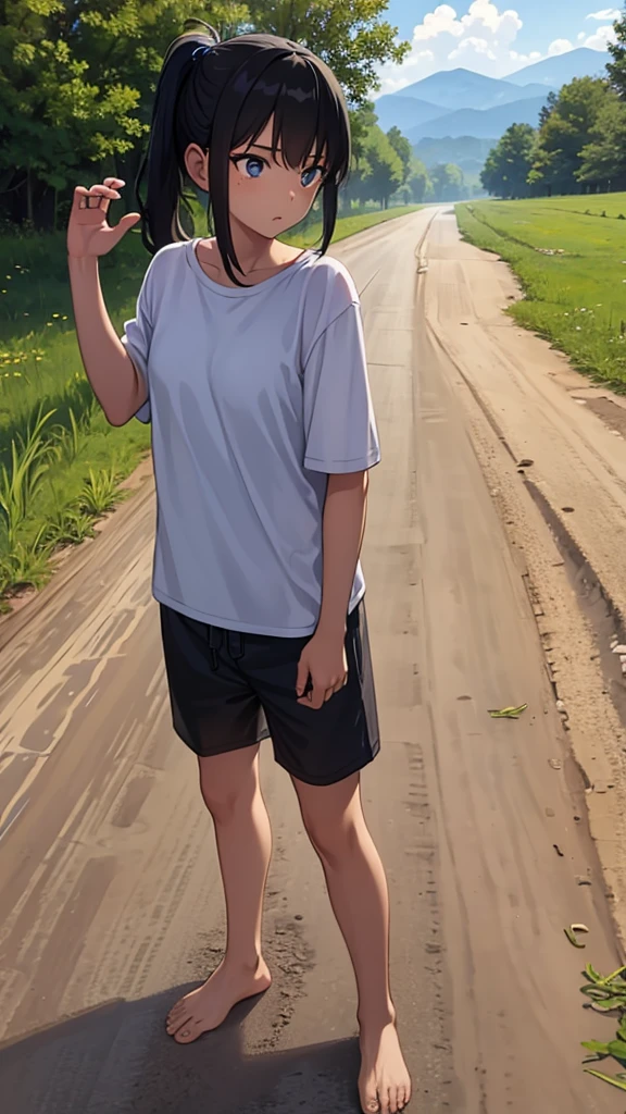 tomboy, young teen, barefoot, countryside, dirt road, black hair in ponytail