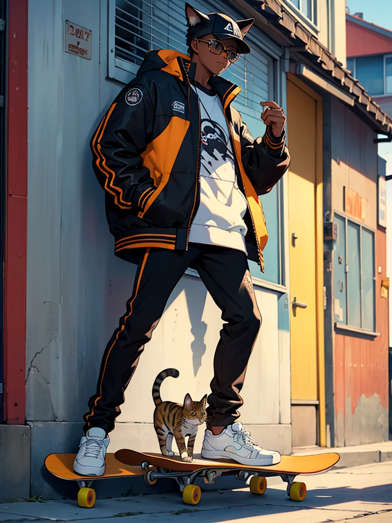 Gato art c4tt4stic, Gato preto de desenho animado com jaqueta com skate, oculos de sol,com jaqueta preta de couro,Cat standing with skateboard in oc paws*