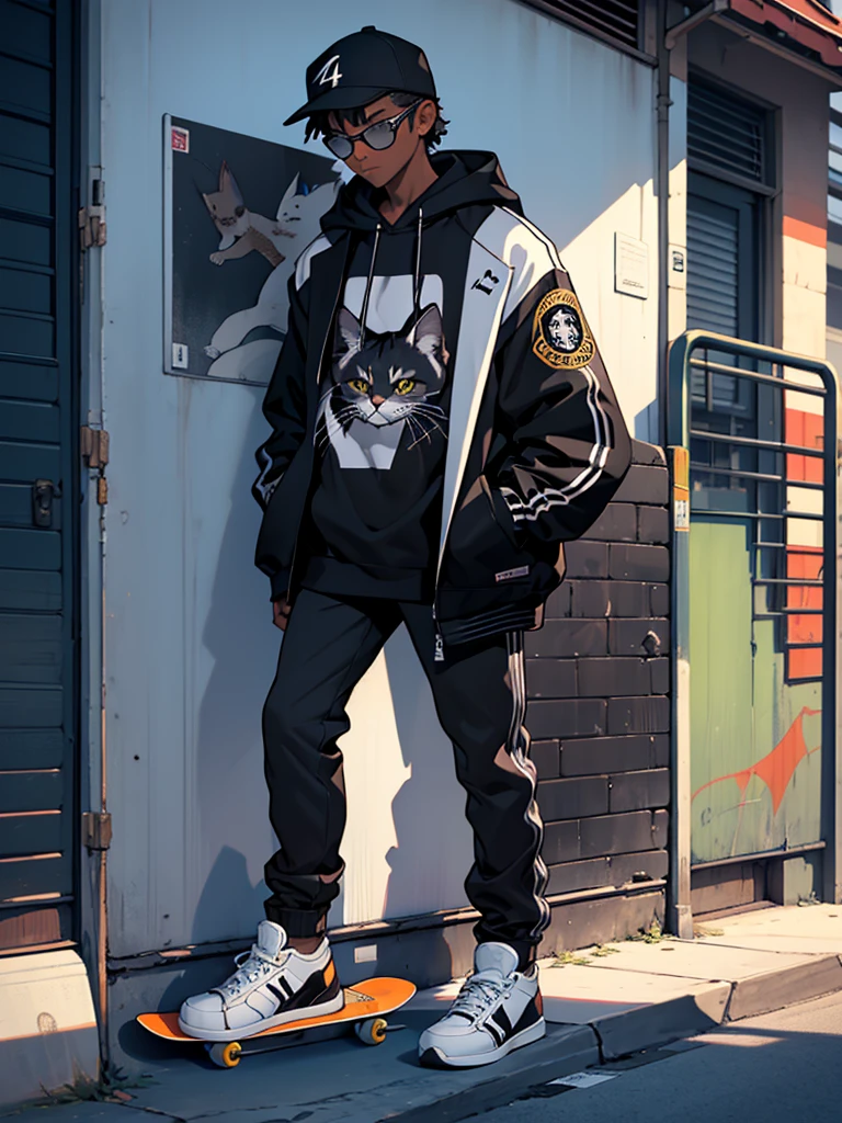 Gato art c4tt4stic, Gato preto de desenho animado com jaqueta com skate, oculos de sol,com jaqueta preta de couro,Cat standing with skateboard in oc paws*