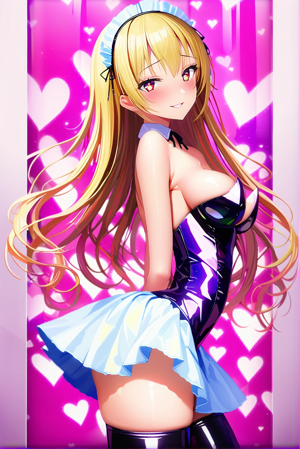 masterpiece, best quality, 1girl,blonde hair,Sui, (finely detailed heart shaped pupils and detailed face),,cowbody shot,lovestruck,extremely detailed picture unity 8k wallpaper,solo,(latex maid costume:0.9),glamour body,seductive smile,latex thighhigh,from side,looking at viewer,lift skirt,try to show me leotard