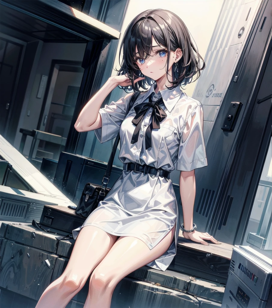 whole body, medium hair, medium tits, tearful mole, earring, collared shirt dress,