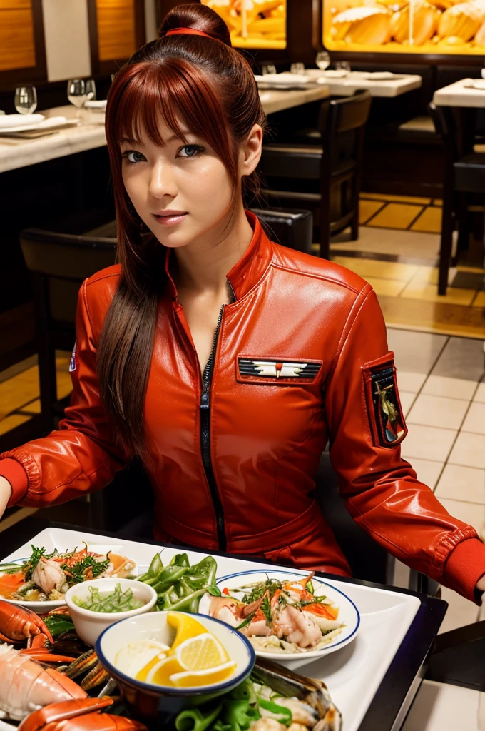 Evangellion Asuka (hair pulled back, iconic pilot suit) is in a seafood restaurant celebrating victory, on the table in front of her is a huge steamed lobster meal