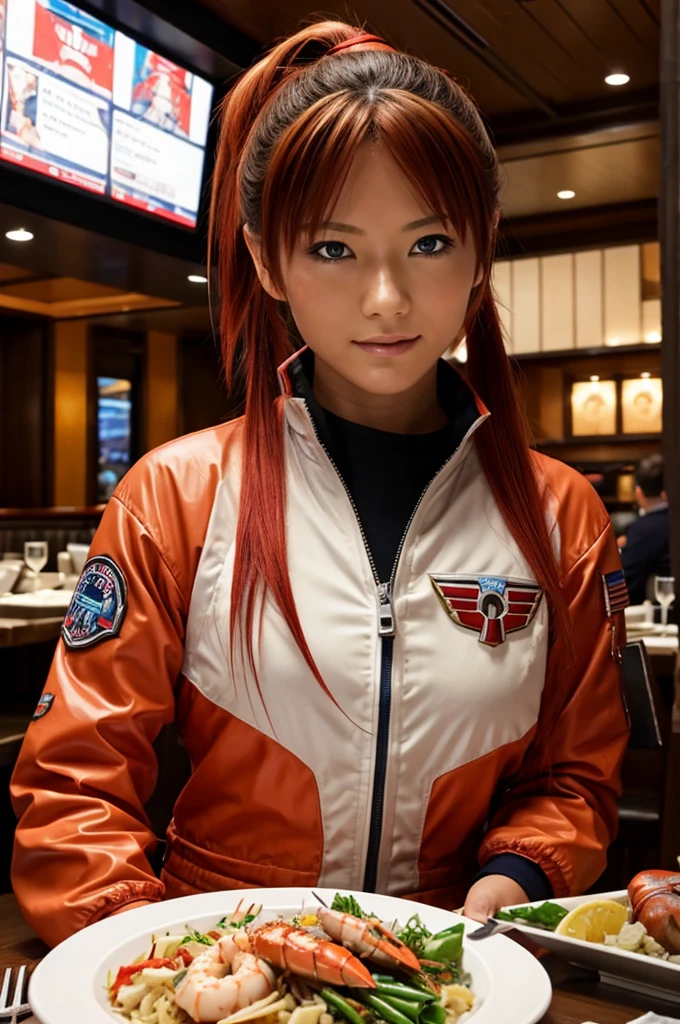 Evangellion Asuka (hair pulled back, iconic pilot suit) is in a seafood restaurant celebrating victory, on the table in front of her is a huge steamed lobster meal