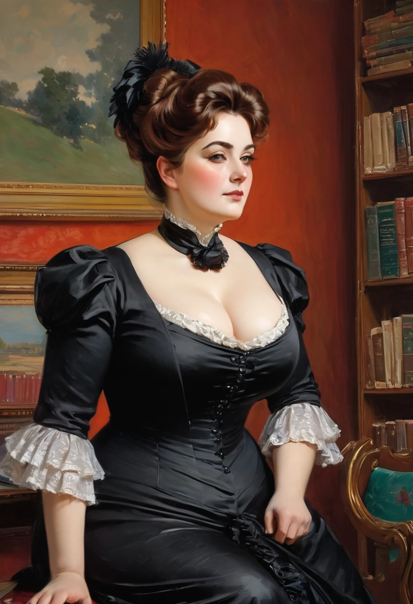 Full body view, a voluptuous buxom mature, curvy,  fully figured, plump victorian widow in a black dress having some intimacy with a  gentleman in the library, by Jean Béraud, inspired by Jean Béraud, inspired by Édouard Detaille, edouard leon cortes, inspired by Ivan Kramskoi, inspired by Jean-Louis-Ernest Meissonier, by Édouard Detaille, inspired by Paul Émile Chabas, 1880 Fashion 