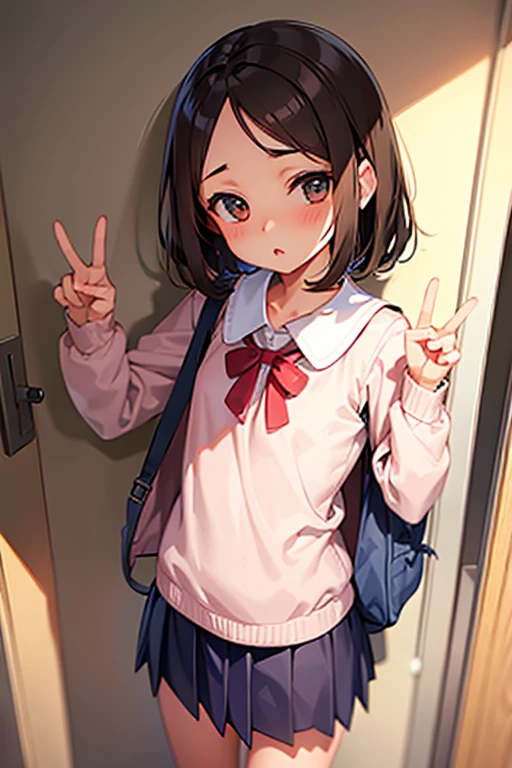 Girl, short brown hair, forehead exposed, {loli}, flat chest, {school uniform}, cute
