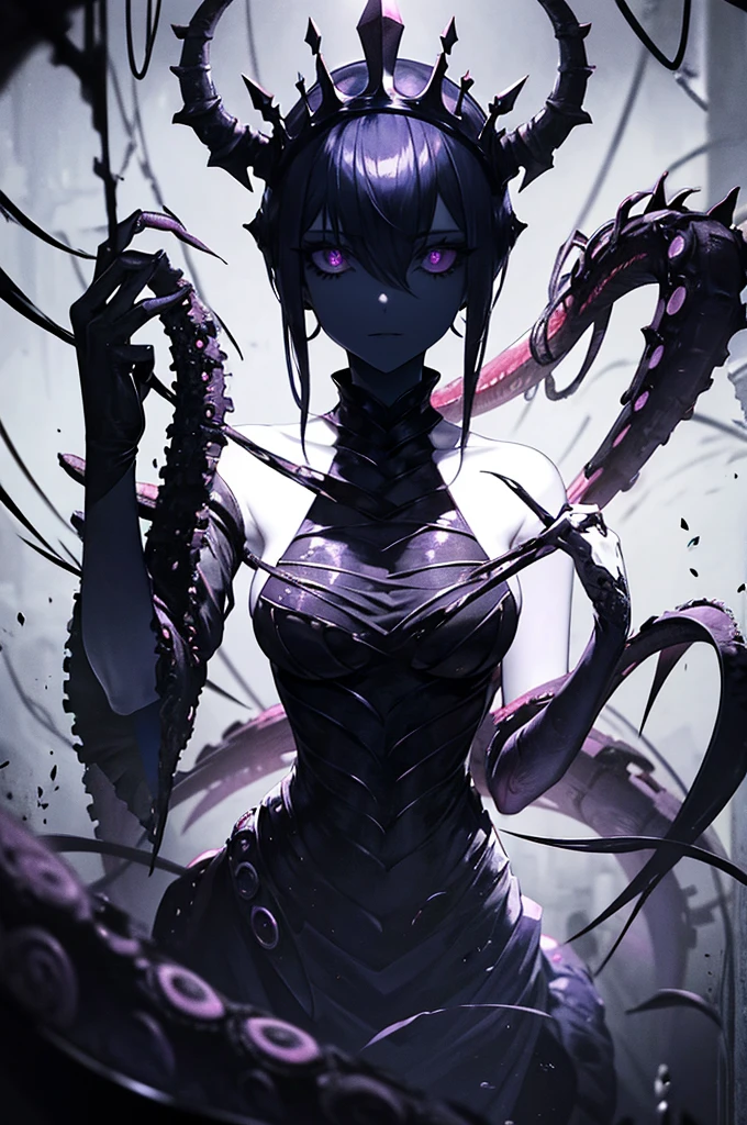 evil, queen, tentacles, black veins are visible, pale skin, corrupt form