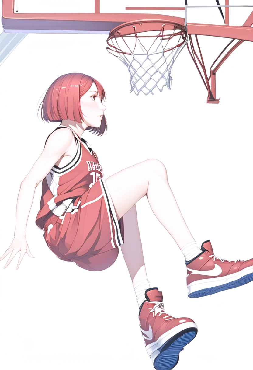 Young athlete, Red-haired teen girl, Extra-short bob cut, red basketball uniform, (Mid-air slam dunk),basketball goal,Red basketball shoes,profile, High-Resolution Masterpiece, Detailed face, white background, side-angle perspective,gym,