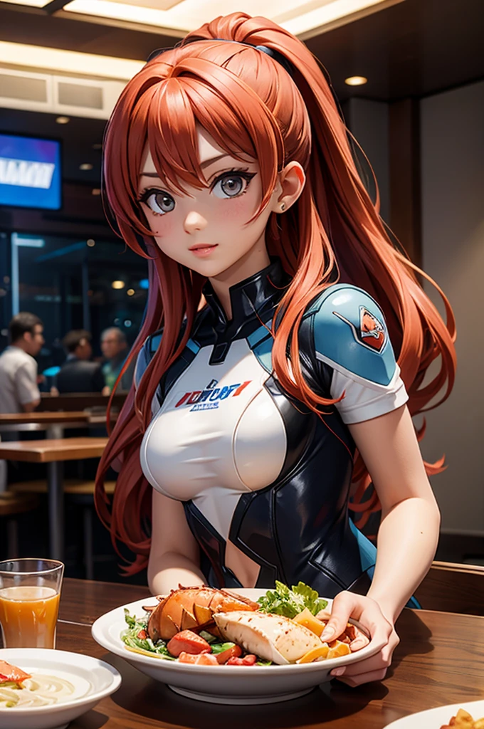 Evangellion Asuka (hair pulled back, iconic pilot suit) is in a seafood restaurant celebrating victory, on the table in front of her is a huge steamed lobster meal