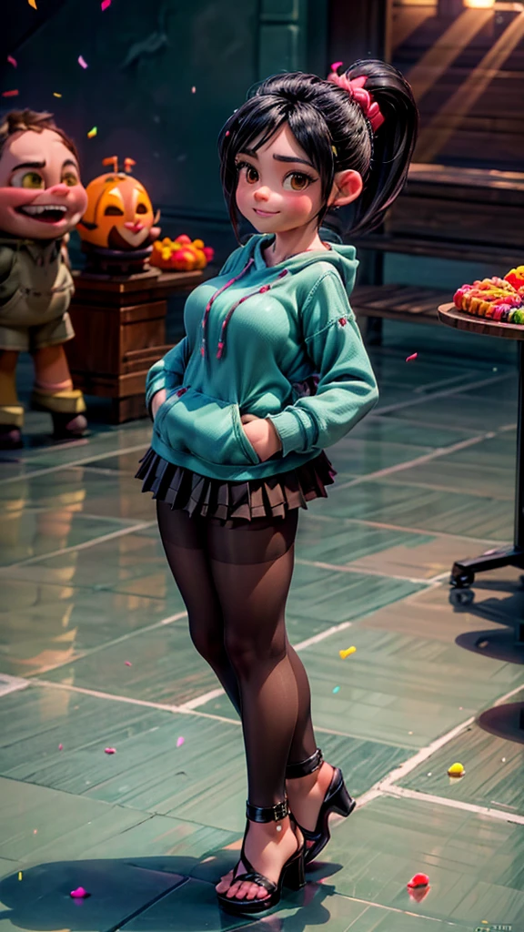 [Wreck_It_Ralph_Movie], ((masterpiece)), ((high quality)), ((HD)), ((beautiful portrait)), ((front view)), ((full body)), ((feet visible, visible feet, highly detailed feet, barefoot, sandal heels)), ((beautiful background)), {vanellope von schweetz, black hair, red scrunchy, short ponytail, (candy in hair:1.2), (cute half-closed brown eyes), adult woman, beautiful legs, curvy hips, side-boobs, smug smirk, white teeth}, {(aqua sweatshirt), (brown tuffled skirt), (aqua striped pantyhose)}, {(standing on raceway), (hands in pockets), (looking at viewer)}, [Background: (racetrack), (confetti), (blue sky), (bright sun), (sun rays)]