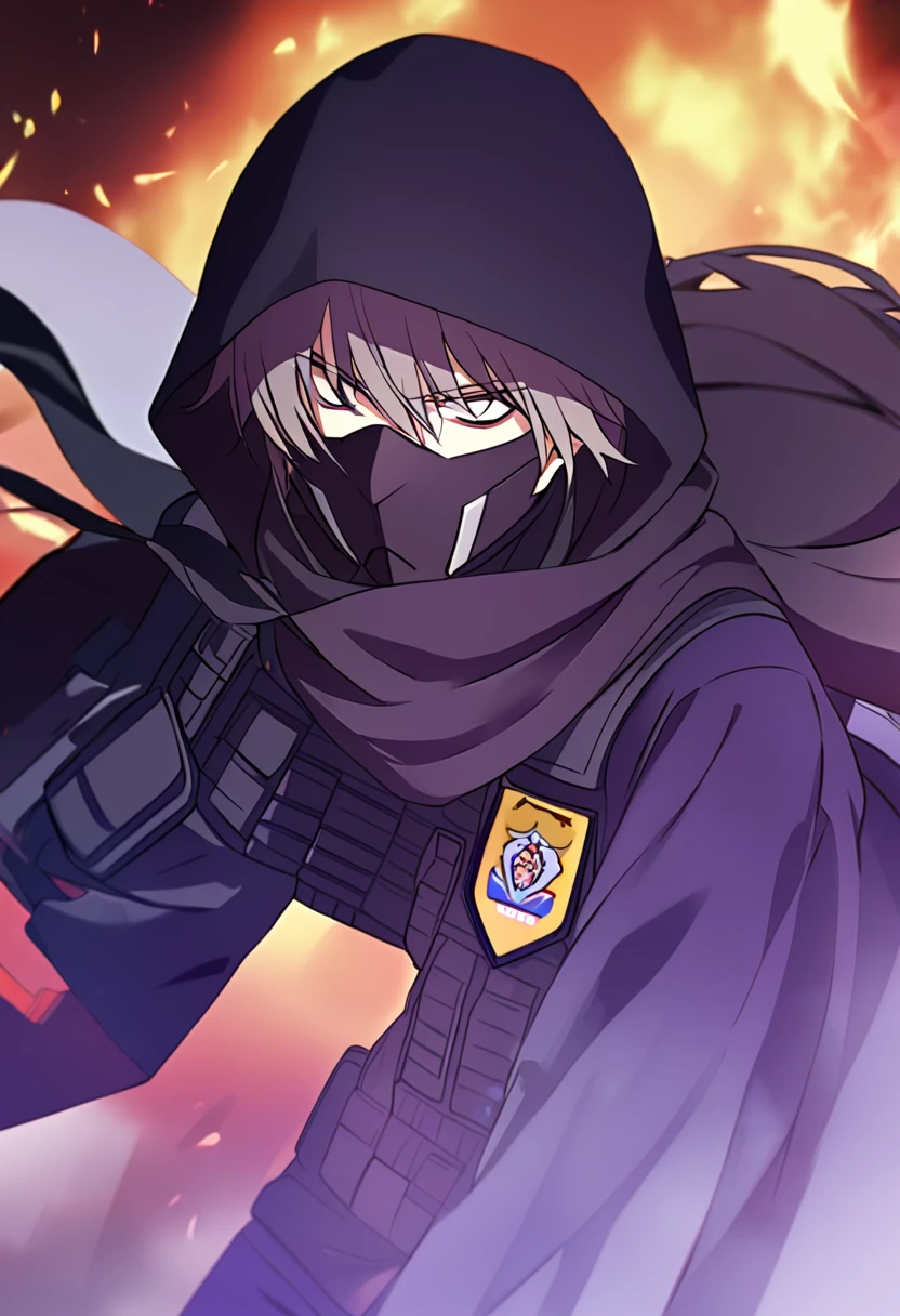 Anime male, black messy hair, white eyes, black facemask covering both mouth and nose, black hood, black long scarf, black cloak, tactical vest, black pants, black shirt, serious face expression, (best quality), Tactical outfit, one person, cool