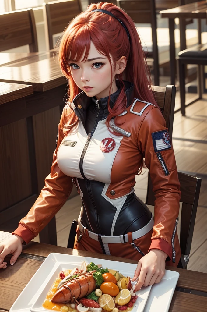 Evangellion Asuka (hair pulled back, iconic pilot suit) is in a seafood restaurant celebrating victory, on the table in front of her is a huge steamed lobster meal