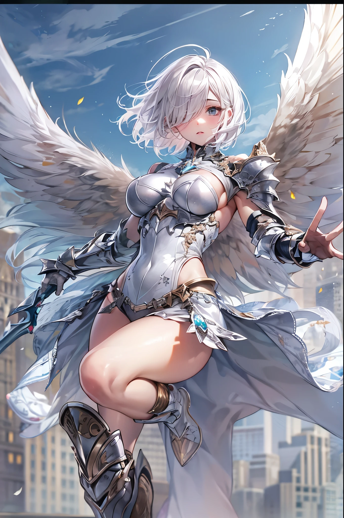 fantasy, 1angel_girl,very_young_, ,silver_hair, short_hair, long_bangs, halo,bare_shoulder,thighhighs,silver_armor, waist_armor, large_breasts,half_eyes,1pair_wings, dynamic_pose_fighting,floating, bare_crotch, headgear,gauntlet, greaves,city_background,slightly_spread_legs, solo, groin_naked,tan_skin,(hair_over_one_eye:1.2),
