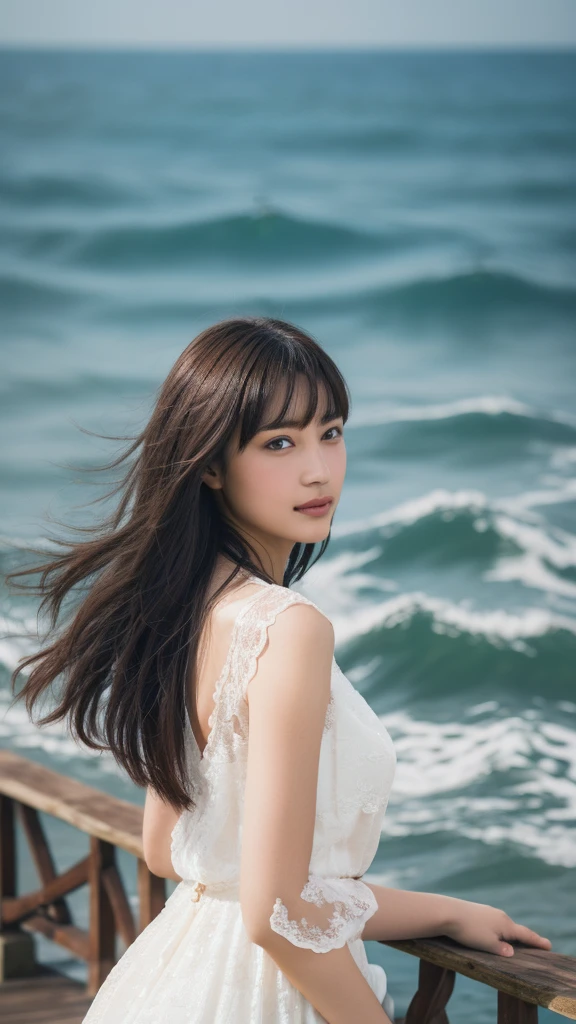 ((Highest quality)), ((masterpiece)), (detailed), Perfect Face, masterpiece, Best Quality, Illustration, Ultra-detailed, finely detail, high resolution, 8K Wallpaper, Perfect dynamic composition, Beautiful detailed eyes. A young woman with long, wavy brown hair is wearing a lace see-through sleeveless dress. She is standing on a wooden pier, looking out at the sea. The camera angle is from a distance, capturing her full figure and the pier leading into the ocean. The focal length is 24mm to provide a wide view of the entire scene.