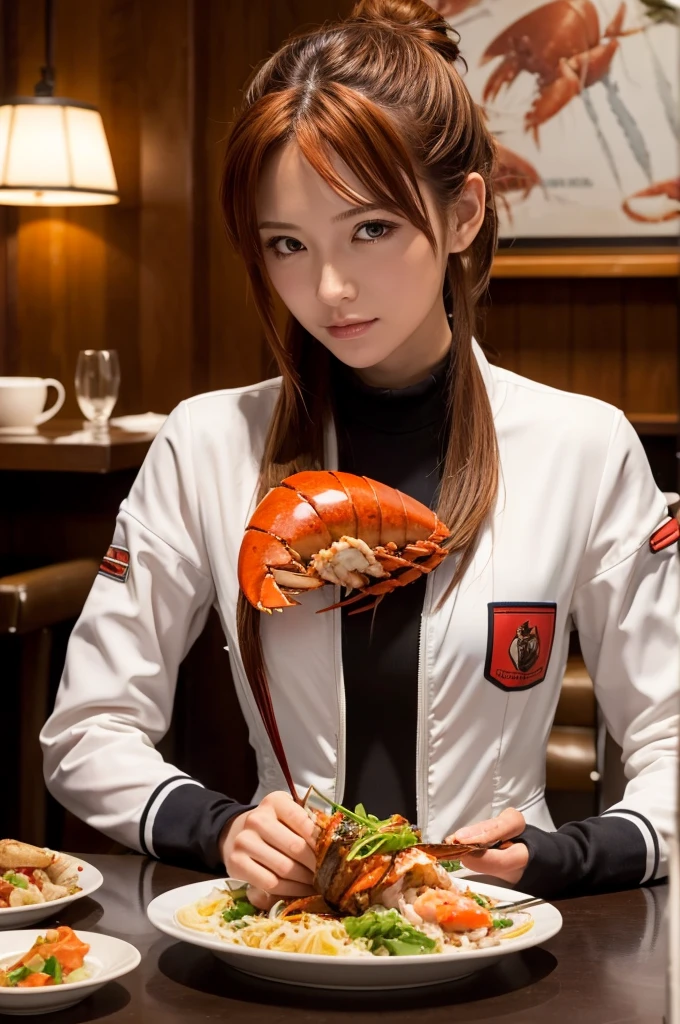 Evangellion Asuka (hair pulled back, iconic pilot suit) is in a seafood restaurant celebrating victory, on the table in front of her is a huge steamed lobster meal
