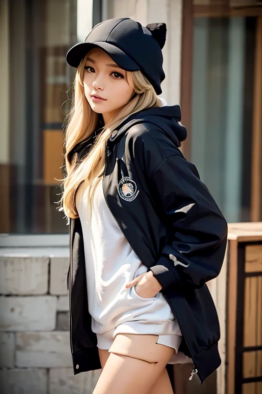 1girl, solo, long hair, looking at viewer, bangs, blonde hair, hat, animal ears, brown eyes, closed mouth, jacket, open clothes, hood, from side, lips, black headwear, hoodie, headphones, hood down, hooded jacket, beanie, ears through headwear, portrait photography