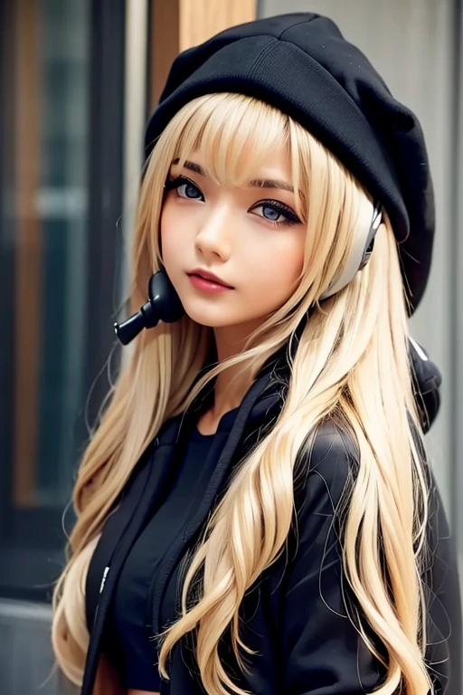 1girl, solo, long hair, looking at viewer, bangs, blonde hair, hat, animal ears, brown eyes, closed mouth, jacket, open clothes, hood, from side, lips, black headwear, hoodie, headphones, hood down, hooded jacket, beanie, ears through headwear, portrait photography