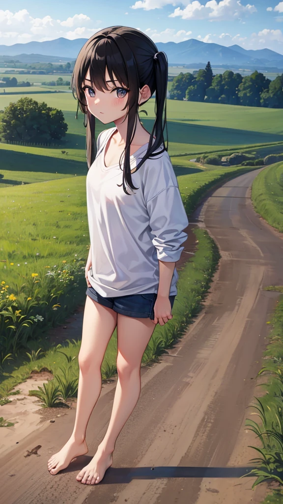 masterpiece, best quality, 1girl, white_t-shirt, red_shorts, bangs, blue_sky, blush, breasts, brown_eyes, brown_hair, closed_mouth, cloud, cloudy_sky, collarbone, cowboy_shot, hair_ornament, halterneck, hand_on_hip, looking_at_viewer, misaka_mikoto, outdoors, sky, small_breasts, solo, standing, bent_over