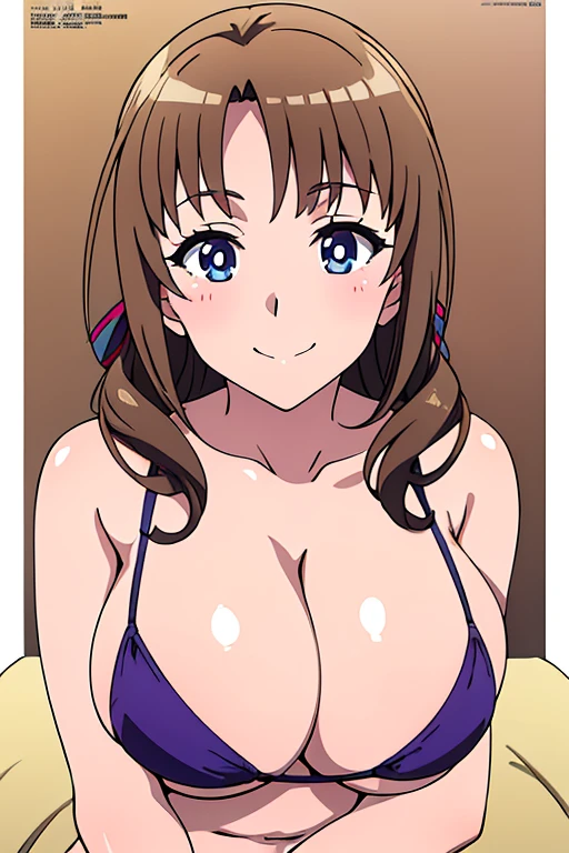 (anime cels style, megami magazine, poster style, best quality, high resolution, sharp image, 8k wallpaper, masterpiece), (beautiful detailed eyes, beautiful detailed face), Mamako, (brown hair, long hair, bangs, ribbon), blush, smile, (huge breasts), white bikini, (upper body, sitting), simple background, (perfect detailed anatomy, perfect detailed body, perfect arms, perfect fingers, shiny skin)