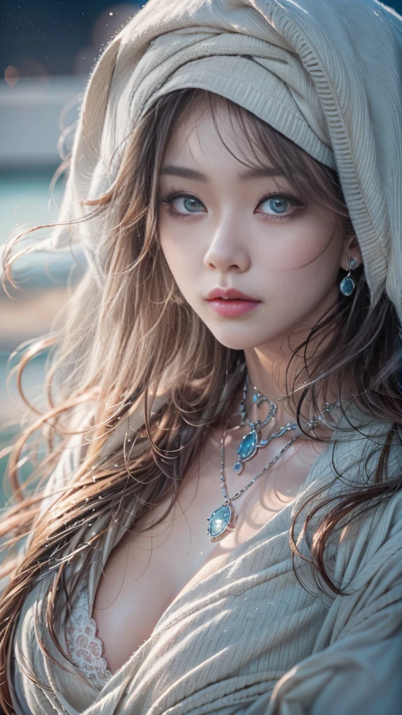 (32K:1.5, Highest quality, masterpiece, Ultra-high resolution), (Beach at night, Dramatic moonlight:0.9, Mysterious World:1.2, Expressions of sadness:1.0), Side Shot, Fractal Art:1.3, Perfect dynamic composition:1.3, Very detailedな肌と顔の質感:1.3, Dynamic flow of waves:1.3, Dynamic wind flow:1.3, The subject is observed from a distance, elegant and sophisticated:0.5, Fair skin, Incredibly slim body:0.9, Very beautiful face, Water droplets on the skin, (Office Lady Uniform:1.3, cry:1.3), Very accurate, Very detailed, Big eyes that exude beauty, Beautiful Lips, Unreal atmosphere, Earrings, bracelet