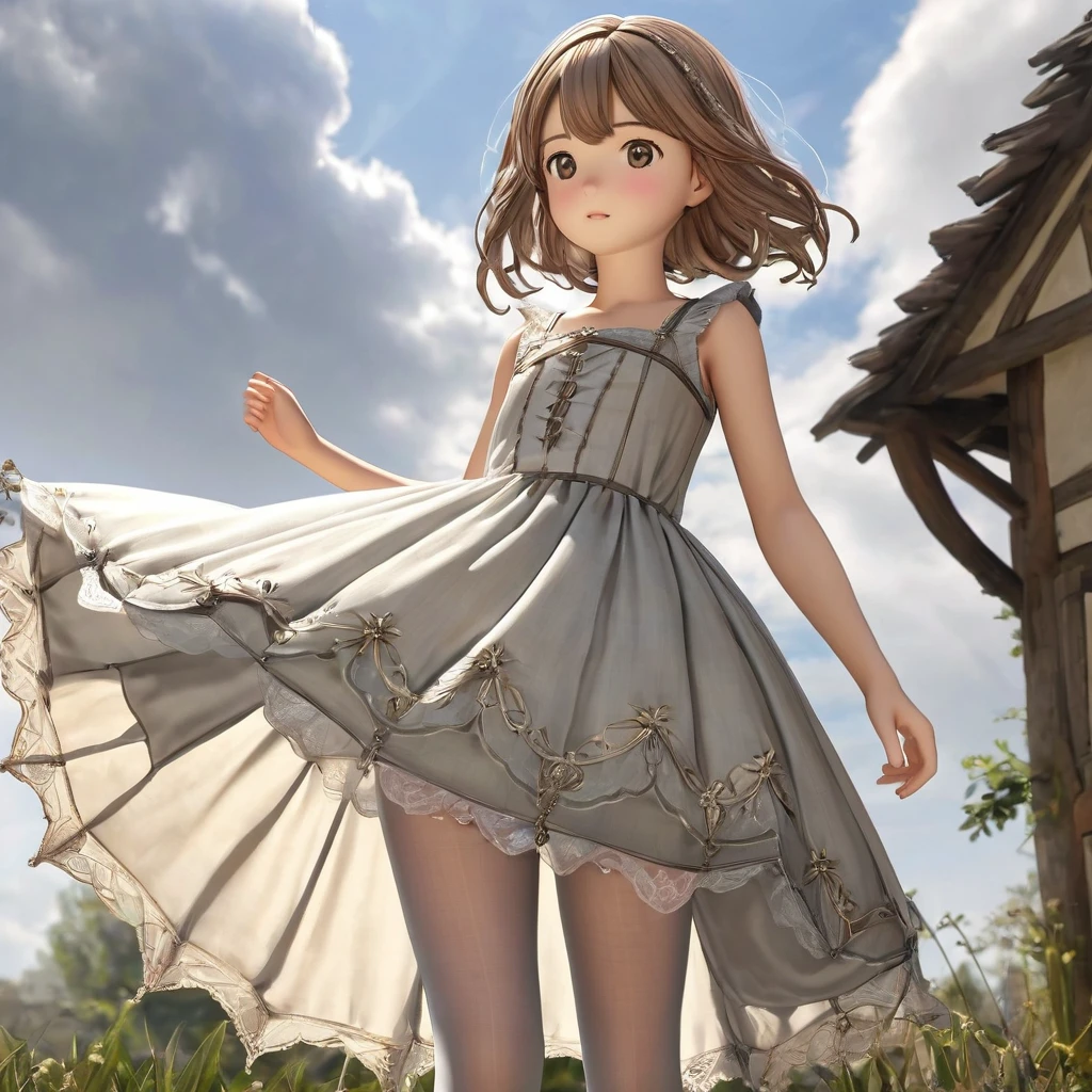 10 year old girl underwear, Realistic panties made of patterned cotton fabric, Medieval one-piece dress with panniers, Fabric Realism, Low Angle, You can see the drawer, Pull up the dress by hand, Strong winds, Translucent slip, Translucent slip, tights, Highest quality, Crotch close-up, whole body
