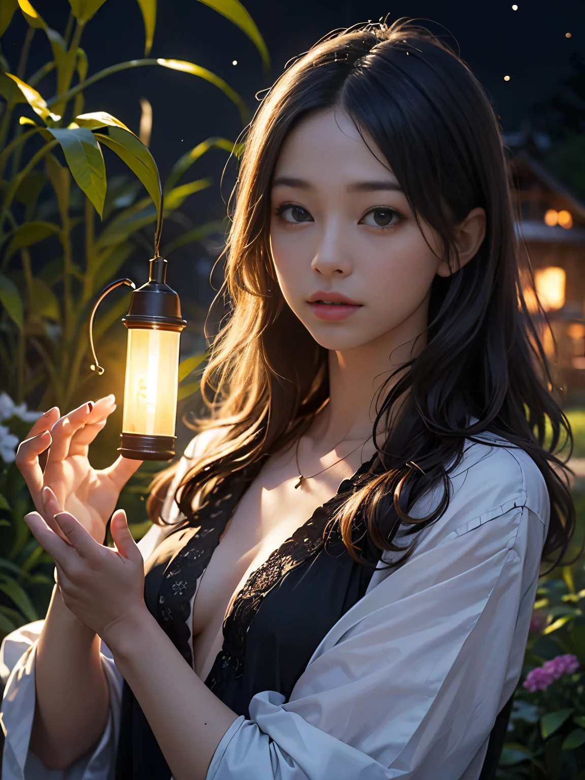 (8k, Highest quality, masterpiece: 1.2), (Realistic, photoRealistic: 1.37), Very detailed, One Girl, Wide viewing angles, Firefly Garden, Small faint lights and fireflies flitting about, night, Yasutomo Oka's painting style, Big Breasts, Intricate details, Splash screen, 8K resolution, masterpiece, Gentle smile, Mysterious Background, aura, A gentle gaze, break, blonde, Dynamic sexy pose,