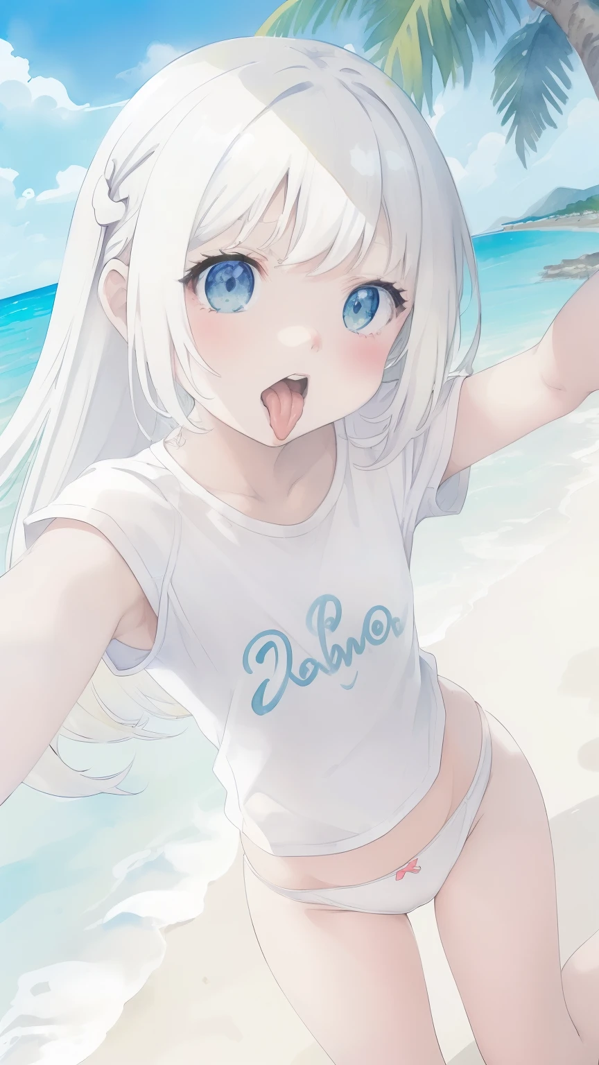 (Superflat, Flat Shading, Flat Color:1.1), (summer),(Ocean:1.3) (White sand beach), (10Year old girl), , change, Blonde, White T-shirt, (White panties:1.2), blush, Open your mouth, (Showing tongue), Selfie, View from below, (Low Angle), White cloud,Palm tree, Bright sunlight, Vibrant colors, Best Shadow, watercolor,