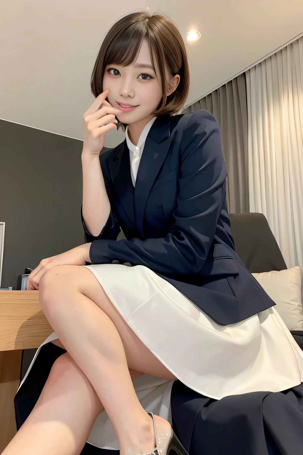 Upper class girl in elegant formal dress of random colors、Biting pose、Cunning Smile、Bobcut