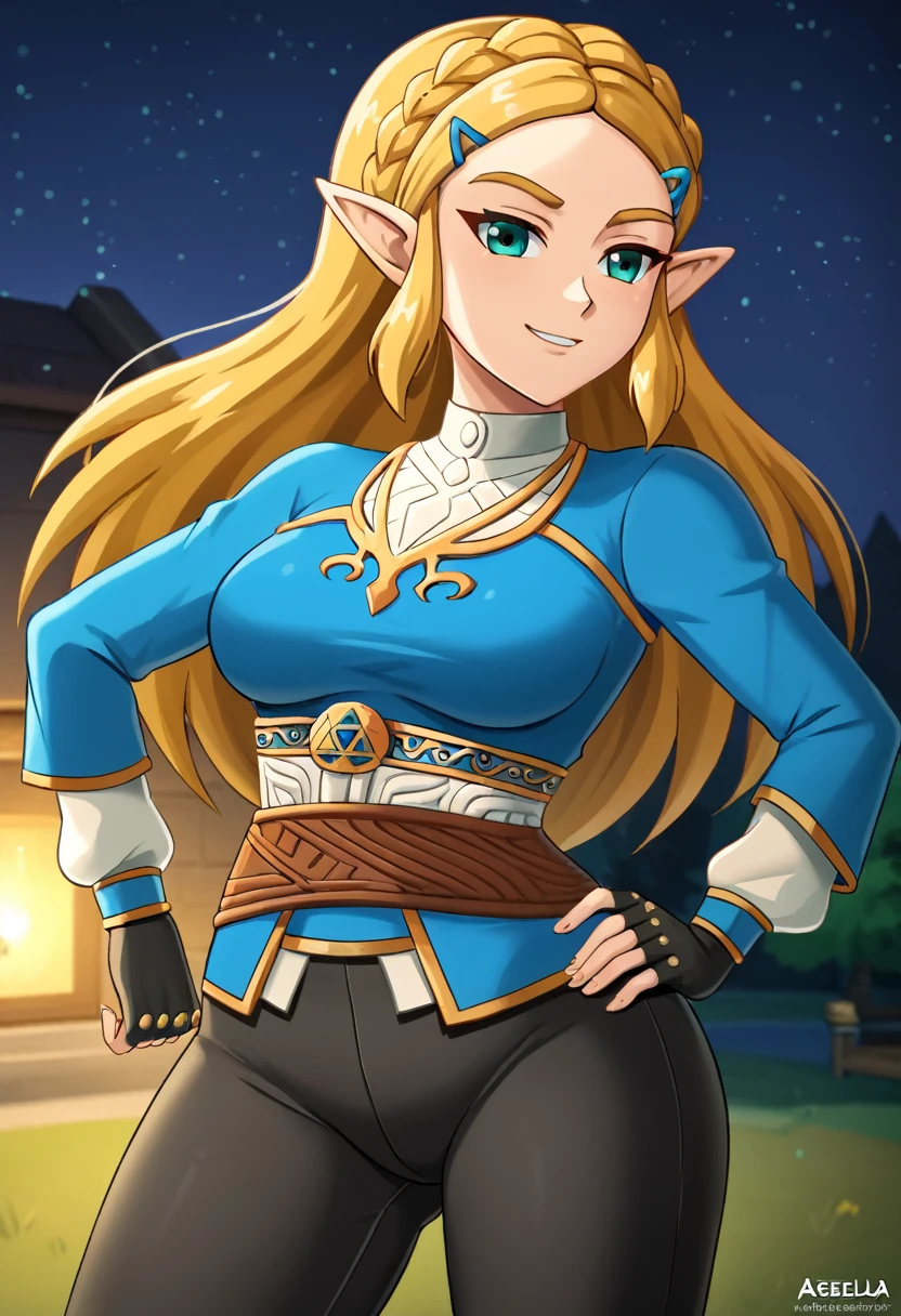 masterpiece, best quality, highres, aazelda, Princess_Zelda, long hair, crown braid, hairclip, pointy ears, blue shirt, long sleeves, fingerless gloves, black gloves, black pants, tight pants, night, standing, cowboy shot, outdoors, hand on hip,, sultry look, seductive,  smirk, , inviting smile,