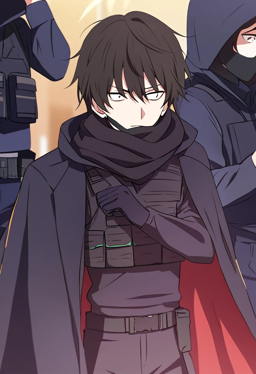 Anime male, black messy hair, white eyes, black facemask covering both mouth and nose, black hoodie, black long scarf, black cloak, tactical vest, black pants, black shirt, serious face expression, (best quality), Tactical outfit, one person, cool