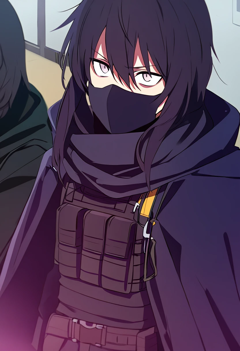 Anime male, black messy hair, white eyes, black facemask covering both mouth and nose, black hoodie, black long scarf, black cloak, tactical vest, black pants, black shirt, serious face expression, (best quality), Tactical outfit, one person, cool