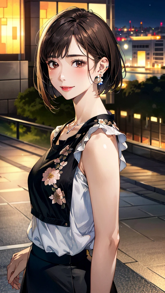 (masterpiece:1.3, Highest quality, Ultra-high resolution, Super detailed), (Realistic, photoRealistic:1.4), Beautiful illustrations, Perfect lighting, colorful, Depth of written boundary,
Beautiful detailed hair, Beautifully detailed face, Beautiful fine details, Beautiful clavicle, Beautiful body, Beautiful breasts, Beautiful thighs, Beautiful feet, Beautiful fingers,
View Viewer、Front view:0.6, 1 girl, Japanese, Female college student, Perfect Face, (Perfect Anatomy, Anatomically correct), Cute and symmetrical face, Baby Face, , Shiny skin,
((Black blouse:1.4,)) ((Floral Skirt:1.4))
(Dark brown hair, Bobcut:1.4), Dark brown eyes, (Large Breasts), thin,
necklace, (Small earrings:1.3),
(Beautiful views), (night), (city, cityscape in the distance), Are standing, A soft smile、(Smile, Lips parted),