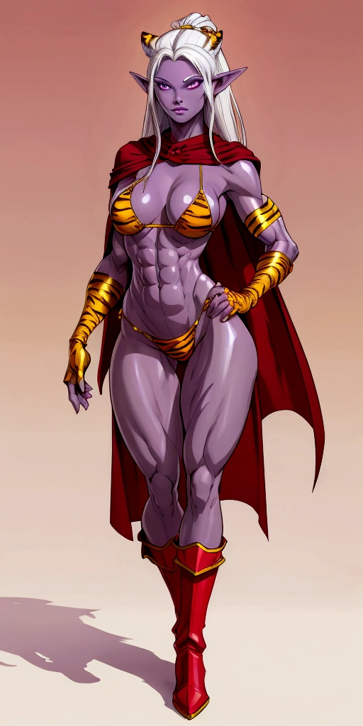 Full body, masterpiece, 1solofemale drow elf purple skin standing pose (yellow tiger bikini) cape, bikini, long white hair, strong body, abs, Ultra Quality, shiny skin, Atmospheric, 8K, Cinematic BREAK, sunglasses, 2legs, 2arms, muscle abs toned, slender body, long silver white hair, purple eyes, hands on hips red gloves gauntlets, red military boots ((plain background))