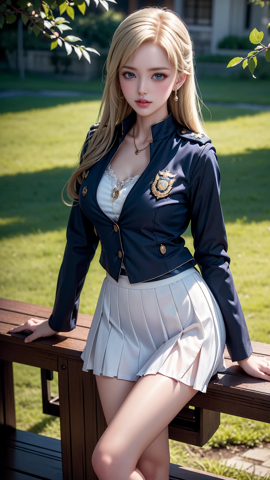 ((Policewoman sitting on a park bench)),Highest quality work,Live-action work,Ultra Premium Graphics,8K HD CG Works,High Quality Graphics,High-definition CG works,10x pixels,Ultra-fine detail:1.1,High level of technical detail:1.1 Photorealistic,Natural light:1.5. Lighting Effects(バーチャルLighting Effects:1. 8)、(Golden White Shorthair)、(Bob Hair)、Thin eyebrows、High nose、Nice red lips、Rose Cheek、Casual makeup face、Cute Face、Perfectly balanced face、Light-toned foundation。 A foundation that enhances the transparency of your skin。 ((female officer:1.5)),((Navy blue jacket with emblem on chest)),((Semi-transparent light blue blouse)),((Navy blue tight skirt))。40k, photograph, On the table, Highest quality, Rain Background, ((1.A girl with beautiful eyes and light hair, White skin, Mr.A Pose.((Medium chest::1.1)), Highest quality, On the table, Ultra-high resolution, (Real::1.4), RAWphotograph, (Perfect figure)