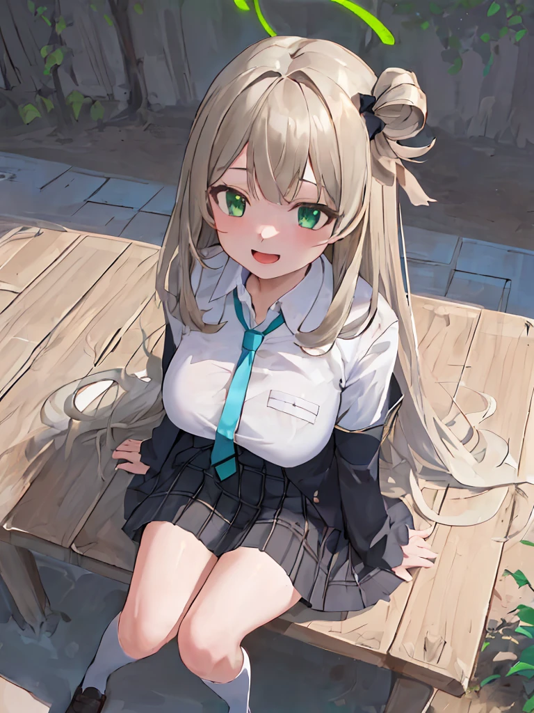 (masterpiece:1.2), best quality, highres, original, (extremely detailed:1.2), ultra-detailed, wallpaper, perfect lighting,(extremely detailed CG:1.2), 8k, anime illustration, 1girl, solo, nonomi \(blue archive\), (open the mouth, laughing, happy:1.2), school uniform, plaid skirt, (peace sign:1.1), close-up, standing, (anatomically correct:1.4)