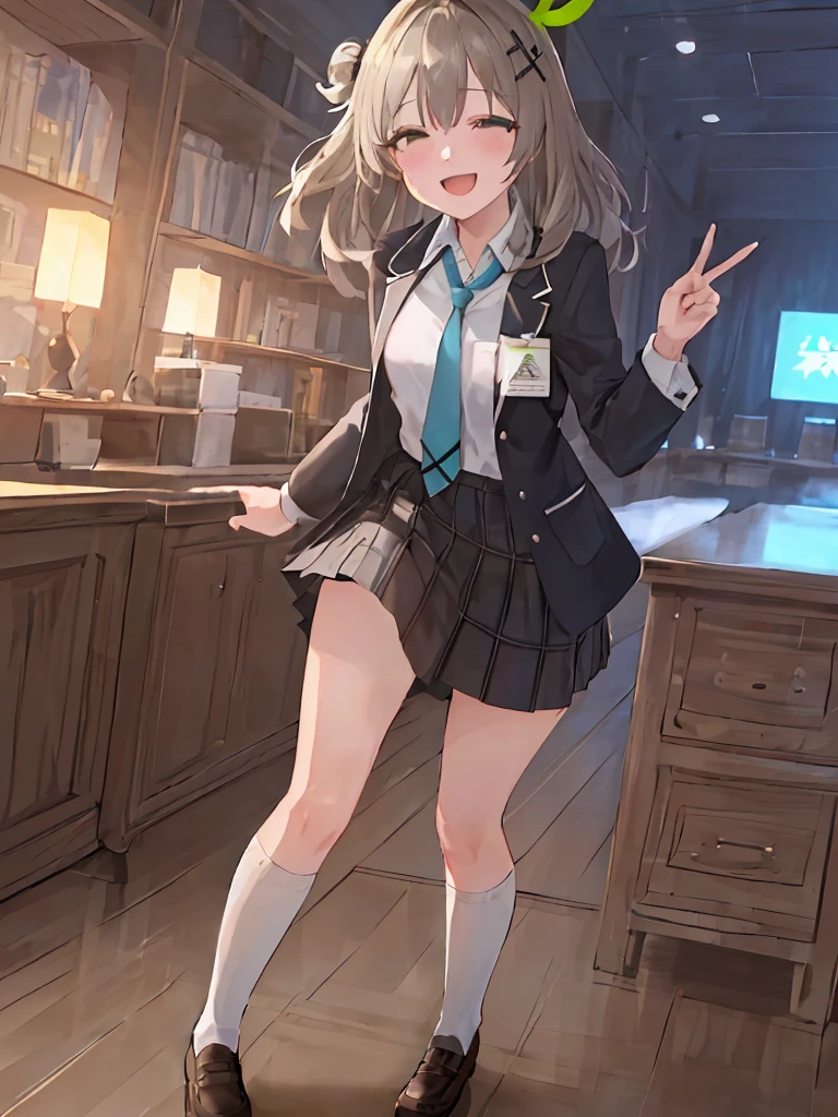(masterpiece:1.2), best quality, highres, original, (extremely detailed:1.2), ultra-detailed, wallpaper, perfect lighting,(extremely detailed CG:1.2), 8k, anime illustration, 1girl, solo, nonomi \(blue archive\), (open the mouth, laughing, happy:1.2), school uniform, plaid skirt, (peace sign:1.1), close-up, standing, (anatomically correct:1.4)