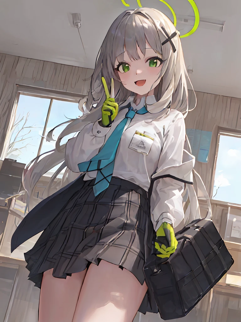 (masterpiece:1.2), best quality, highres, original, (extremely detailed:1.2), ultra-detailed, wallpaper, perfect lighting,(extremely detailed CG:1.2), 8k, anime illustration, 1girl, solo, nonomi \(blue archive\), (open the mouth, laughing, happy:1.2), school uniform, plaid skirt, (peace sign:1.1), close-up, standing, (anatomically correct:1.4)