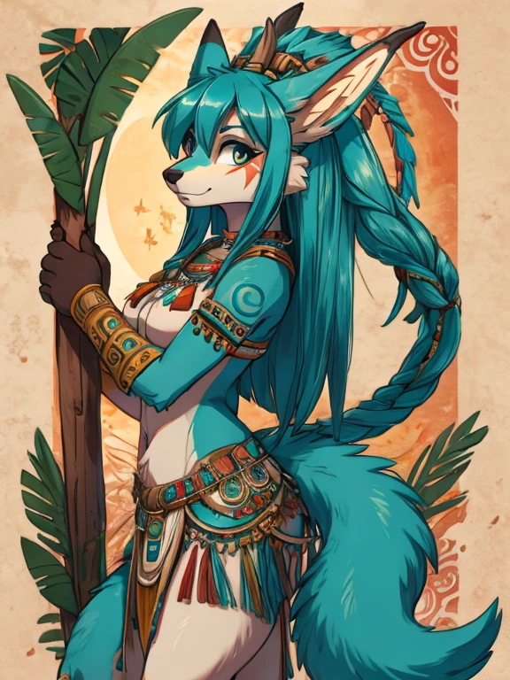 Miku Hatsune,Arabic, alta definicion, orejas de kitsune, tatuaje tribal, prehispanic clothes, mayan gir, piramid maya landscape, jungle