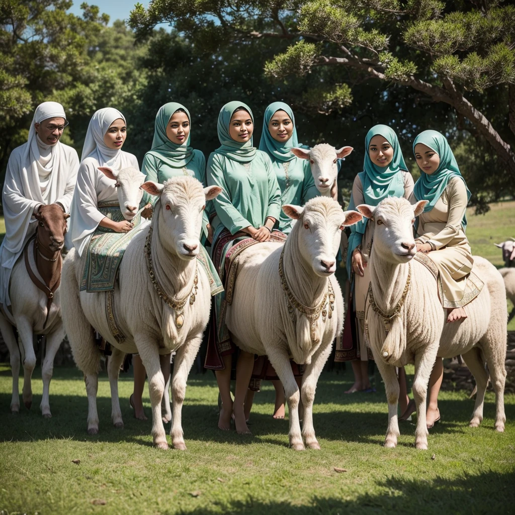 A cinematic photograph close up body shot capturing five Indonesian Muslim models, comprising two women and three men. They are dressed in elegant, textured traditional Muslim attire with natural motifs. The scene takes place during the serene and joyous celebration of Eid al-Adha, radiating a sense of peace and tranquility. The background features a beautiful mosque, surrounded by lush, animals cow, sheep, green natural scenery. The sky above is a mesmerizing blend of galaxy cosmic nebula, creating a masterpiece of visual harmony, vibrant color and splendor.
