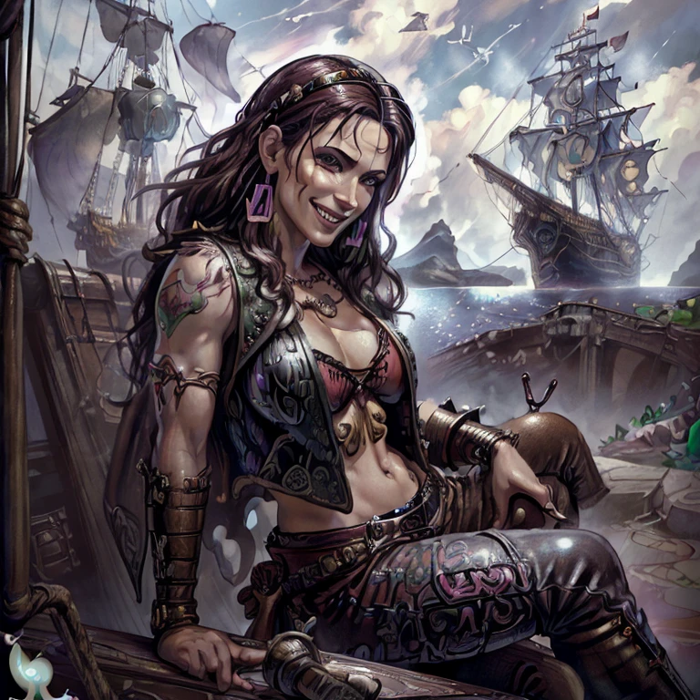 ((hyper-realistic illustration:1.4)), (dark fantasy), On bridge of ship. Sexy pirate lady, brunette, bandanna, earrings, leather vest, loose pants, boots, holding bottle of rum.((smile:1.3)). Masterpiece, best quality(highly detailed:1.2),(detailed face and eyes:1.2), depth of field, 8k wallpaper, natural lighting, core shadows, high contrast, bokeh.