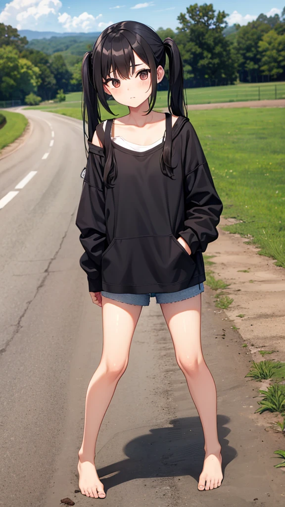 tomboy, young teen, barefoot, countryside, dirt road, black hair in pigtails, cowgirl