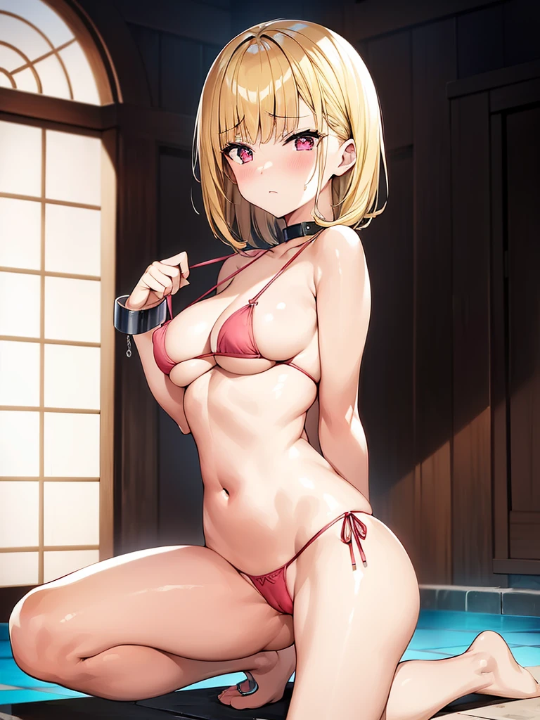 masutepiece, Detailed, Best Quality, Beautiful Girl, very small lace translucent bikini, Shackles, stock, Troubled face, big pool (prison), blonde sexy girl 1girl in, marin kitagawa character, blonde female, Blunt bangs, Big breasts, Amused expression, Looking at Viewer, big butt, mature body, very big , dark pink eyes, small thong, erotic pose, big butt, full body picture, cameltoe, lace lingerie, hard nipples, fully naked, topless, cute erotic pose
