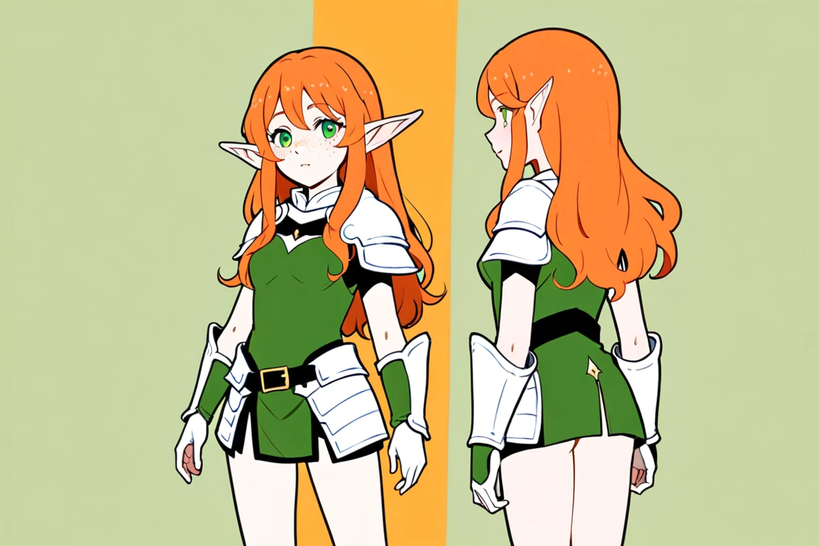 (The same character,front,side,back),Simple background,(whole body)girl,Orange hair,Long curly hair,Green eyes,Look ahead,Wearing armor,Freckles on the face,Elf ears,Short skirt,whole body像,Equal proportions,The same clothes