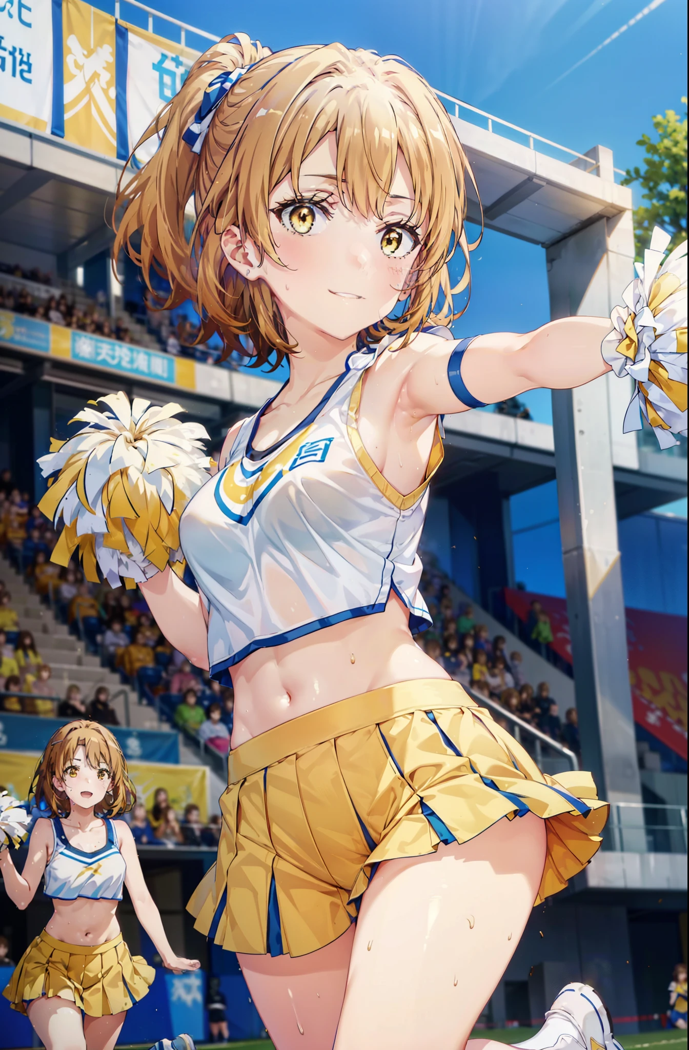 irohaisshiki, iroha isshiki, short hair, brown hair, (Brown eyes:1.5), smile,happy smile, smile, Open your mouth,(cheer leading), (whole body), Big Breasts, Lower, (Sweaty), Sweaty Wet Clothes, (Yellow clothes),No sleeve,Yellow pleated skirt,sneakers , Belly button support, playground, (Jump), (Jump), 足を曲げてJumpする, air, blue sky, Grass原, smile
チアリーダー, Pom-pom \(cheer leading\), Grass, smile, whole bodyがイラストに入るように,
break outdoors,Stadium,
break looking at viewer,whole body,
break (masterpiece:1.2), Highest quality, High resolution, unity 8k wallpaper, (shape:0.8), (Fine and beautiful eyes:1.6), Highly detailed face, Perfect lighting, Highly detailed CG, (Perfect hands, Perfect Anatomy),
