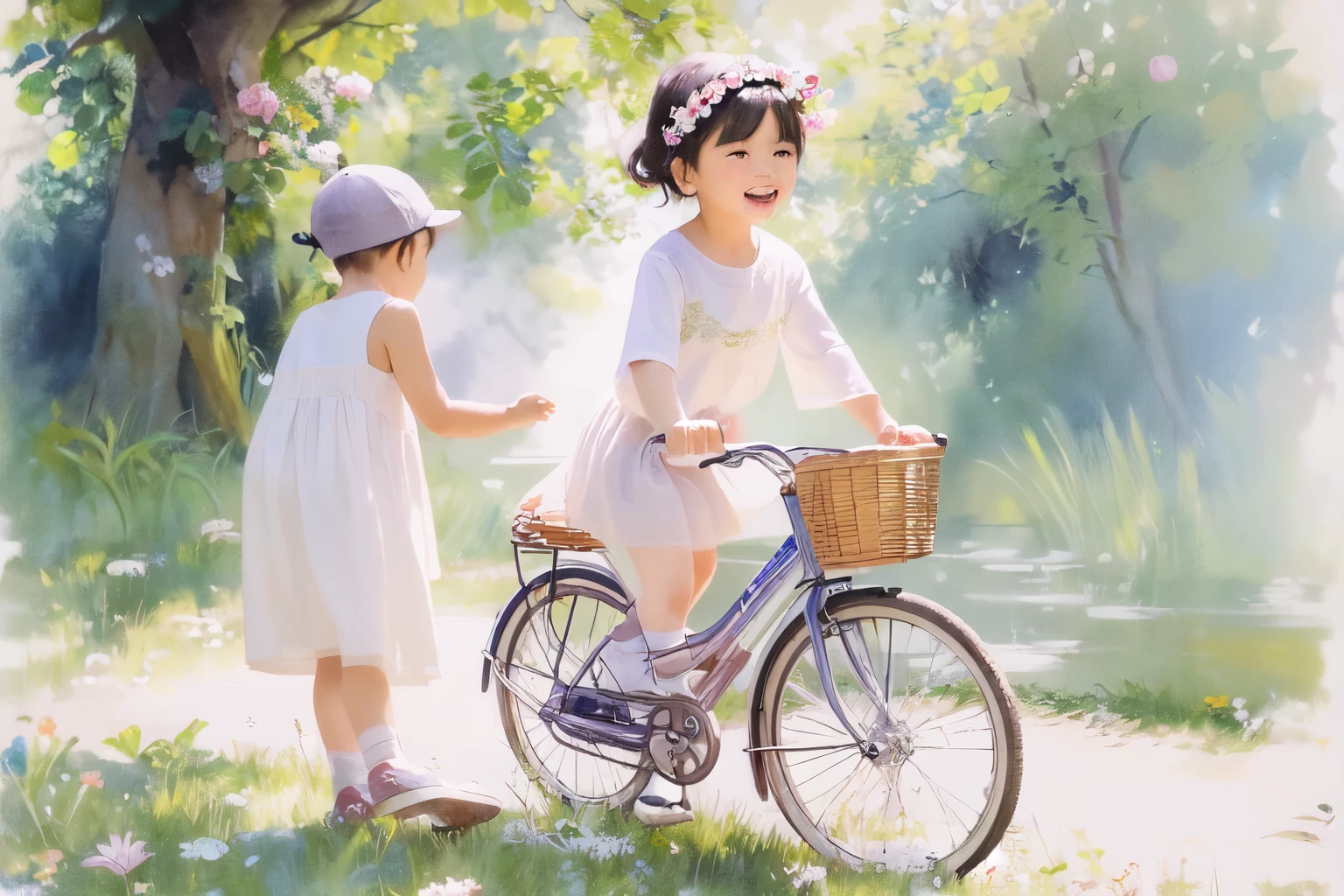 (Highest quality、masterpiece)、(5  girl riding a bicycle)、(Assisting Dad:1.2)、(Children's bicycles、whole)、(From the side)、(Cute face)、short hair、White clothes、shoes、(No background)、White Background、Blur the background、(Watercolor of singer Sargent)、Impressionist style painting、