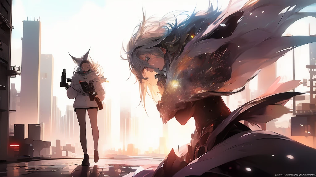 (UHD, award winning, super detail, best quality, masterpiece, anatomically correct, accurate, highres, 16k),Cyberpunk, City of the Future, The back view of a long-haired girl holding a weapon and carrying a travel bag,(best quality, 4k, ultra detailed, high resolution, masterpiece: 1.2),Personaje a la Distancia: Hay un personaje visto desde lejos, located at a high observation point. It is small compared to the surroundings, resaltando la magnitud de la nave. The character is equipped with a space suit, with flashing lights and mechanical details.Vista del Espacio Exterior: Through the openings in the ship, se ve un vasto espacio estrellado. The stars are unevenly distributed, creating variable densities and suggesting the remoteness of some celestial objects
