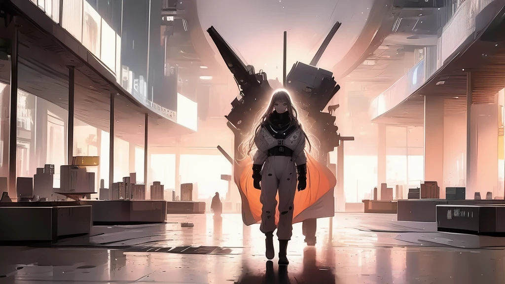(UHD, award winning, super detail, best quality, masterpiece, anatomically correct, accurate, highres, 16k),Cyberpunk, City of the Future, The back view of a long-haired girl holding a weapon and carrying a travel bag,(best quality, 4k, ultra detailed, high resolution, masterpiece: 1.2),Personaje a la Distancia: Hay un personaje visto desde lejos, located at a high observation point. It is small compared to the surroundings, resaltando la magnitud de la nave. The character is equipped with a space suit, with flashing lights and mechanical details.Vista del Espacio Exterior: Through the openings in the ship, se ve un vasto espacio estrellado. The stars are unevenly distributed, creating variable densities and suggesting the remoteness of some celestial objects